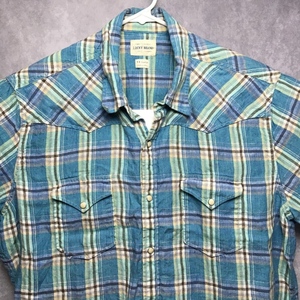 Lucky Brand Mens Pearl Snap Linen Shirt size XXL‎ Short Sleeve Blue Plaid
